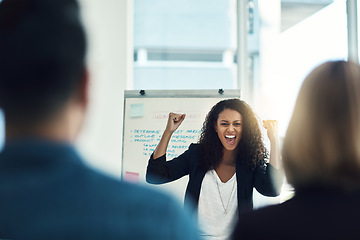 Image showing Presentation meeting, team leader and excited woman celebrate business success, wow feedback or startup. Congratulations, sales revenue cheers and person happy for winner, agency group or achievement