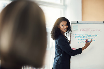 Image showing Presentation board, meeting and happy woman explain sales pitch, brainstorming ideas or planning business strategy. Audience, smile and boss giving proposal, office report or client investment plan