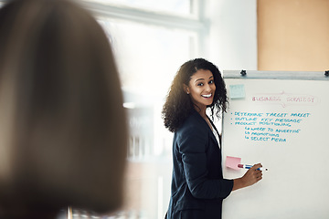 Image showing Presentation board, workshop meeting and happy woman training, coaching or teaching audience, worker or agency. Communication, info and business leader, speaker or person smile for seminar discussion