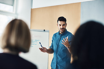 Image showing Presentation board, workshop meeting and man training, coaching or teaching audience, trade show event or seminar. Discussion, info and business leader, speaker or person talking to conference group