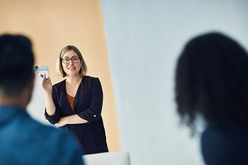 Image showing Presentation meeting, seminar speech and woman talking, discussion or communication with investment clients. Event presenter, speaker and female business leader speaking to listening conference group