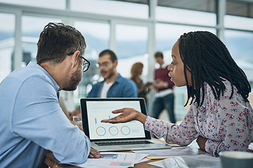 Image showing Laptop, finance and chart with a business team doing research together in their office for planning. Computer, data or graph with a man employee and woman colleague meeting to discuss strategy