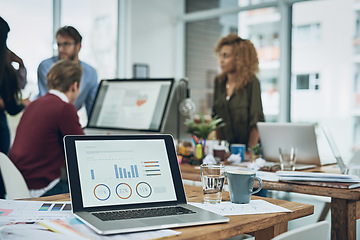 Image showing Digital data, office and laptop with graphs for business, trading and financial work. Coworking, technology and a computer screen with stats, data and information on the economy or growth of company