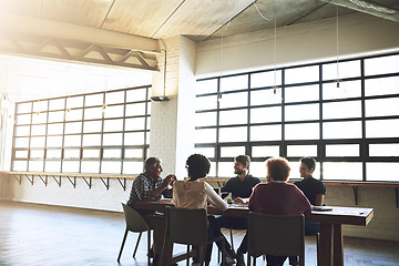 Image showing Teamwork, meeting and planning with business people in workshop for project management, idea and brainstorming. Discussion, strategy and partnership with employees in office for review and startup