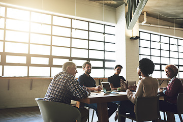 Image showing Teamwork, brainstorming and planning with business people in meeting for project management, idea and strategy. Discussion, commitment and partnership with group of employees for review and startup