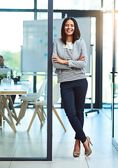 Image showing Portrait, business and woman with arms crossed, smile and startup success in a modern office. Face, female person and employee with confidence, motivation and career with professional and happiness