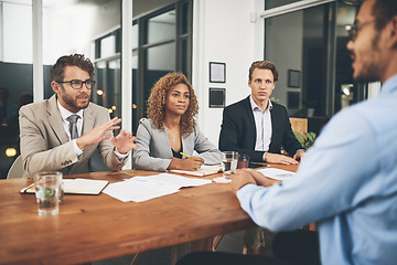 Image showing Professional, interview and hiring for staff by planning for work and communication in a company. Business, recruitment and hr with employee for a collaboration and teamwork during a meeting.