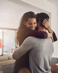 Image showing Happy, couple and hug in home for love, romantic bond quality time for care together with partner. Young man, woman and hugging for romance of lovers in relationship, dating and smile for happiness