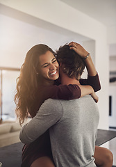 Image showing Happy young couple hugging in home for love, romance and caring bond together with excited partner. Woman, man and hug of lovers in relationship, dating and smile for happiness, care and loyalty