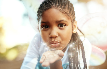 Image showing Glitter, princess costume and portrait of girl for playing fantasy, magical games and happiness. Nature, fairy tale and face of happy child in woods blowing sparkles with glow, magic dust and fun