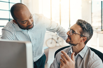 Image showing Business people, computer and coach in team collaboration for strategy, planning or idea at office. Businessman coaching or training staff on technology in teamwork for ideas or solution at workplace