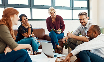 Image showing Happy business people, creative meeting and teamwork in fun collaboration, planning or strategy at office. Friendly group of employees laughing in funny team discussion, project plan or startup