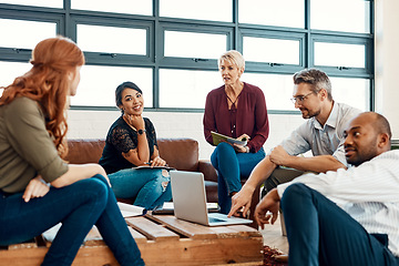 Image showing Business people, creative meeting and teamwork for collaboration, planning or strategy at office. Group of employee workers in team discussion, project plan or brainstorming for startup at workplace