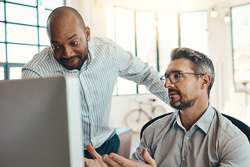 Image showing Business people, computer and coach with idea in team collaboration for mentor help or planning at office. Businessman coaching or training staff on technology in teamwork for solution at workplace