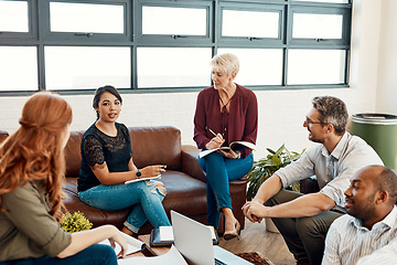 Image showing Business people, meeting and teamwork for planning, collaboration or brainstorming at office. Group of employee workers in team discussion, project plan or strategy for creative startup at workplace