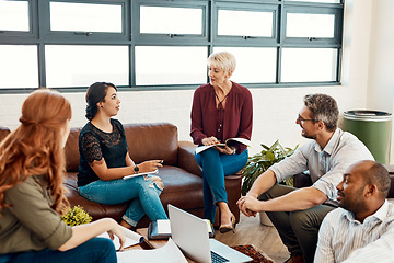 Image showing Business people, creative meeting and teamwork for planning, collaboration or strategy at office. Group of employee workers in team discussion, project plan or brainstorming for startup at workplace