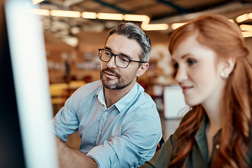 Image showing Businessman, computer and coach in collaboration for ideas, team strategy or planning at the office. Man mentor coaching woman and training staff on technology in teamwork for solution at workplace