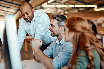 Image showing Business people, computer and coach in team collaboration for idea strategy or planning at office. Businessman or mentor coaching or training staff on technology in teamwork for solution at workplace