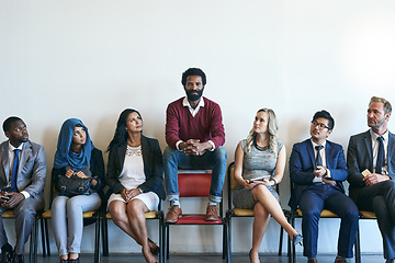 Image showing Group, recruitment and people waiting for job interview, diversity and hiring opportunity in business. Portrait, worker and recruiting success or career, human resources and resume application