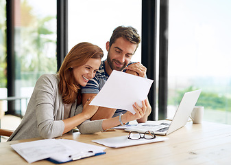 Image showing Finance, couple and documents planning budget for tax, bills and savings on laptop with banking, online payment or investment. People, paperwork or happy conversation on financial strategy for growth