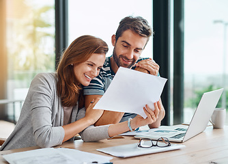 Image showing Documents, finance and couple planning budget for tax, bills and savings on laptop with banking, online payment and investment. People, paperwork and happy conversation on financial growth strategy