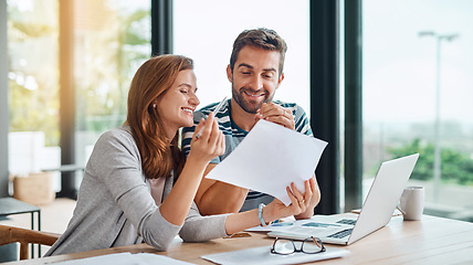 Image showing Couple, planning budget and finance documents for tax, bills and savings on laptop with banking, online payment and investment. People, paperwork or happy conversation on financial strategy or profit