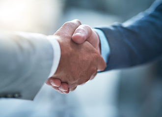 Image showing Business people, deal and handshake by men for b2b partnership, welcome and hiring success. Thank you, shaking hands and person team in recruitment agreement, promotion or onboarding negotiation