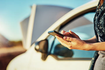 Image showing Breakdown, car and hands of woman with phone for help or search for roadside assistance and auto insurance. Emergency, transport and lady with engine problems, smartphone and text for online service.