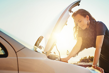 Image showing Breakdown, car and woman with engine problem waiting for roadside assistance and auto insurance service. Emergency, transport crisis and girl on road trip with motor problems checking under cars hood