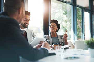 Image showing Meeting, diversity and business people in discussion in the office boardroom planning a project. Collaboration, teamwork and group of multiracial corporate employees working together in the workplace