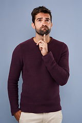 Image showing Doubt, thinking and thoughtful man in studio with unsure, uncertain and ideas on gray background. Wondering, mockup space and face of male person with curious pose for decision, choice and question