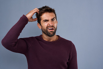 Image showing Doubt, confused and portrait of man with puzzled, uncertain and scratch head on gray background. Thinking, mockup space and face of male person worried for decision, choice and question in studio