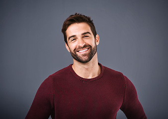 Image showing Happy, handsome or headshot portrait of a man isolated on studio background with confidence or smile. Model, mock up space or face of male person smiling with happiness or positive mindset in Italy