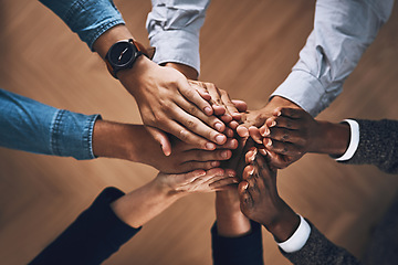 Image showing Winners, high five or hands of business people winning with support for faith, motivation or planning in office. Goals, teamwork or above of employees in collaboration with hope or mission together