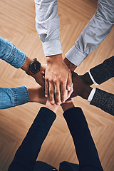 Image showing Teamwork, partnership or hands of business people in support for faith, vision or strategy in office. Above, diversity or employees in group collaboration with hope or mission for goals together