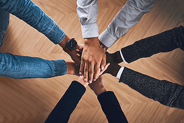 Image showing Above, strategy or hands of business people in support for faith, teamwork or partnership in office. Vision, diversity or employees in group collaboration with hope or mission for goals together