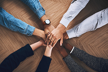 Image showing Goals, strategy or hands of business people in support for faith, community or planning in startup office. Teamwork, vision or above of employees in group collaboration with hope or mission together