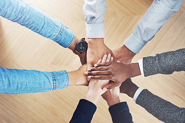 Image showing Above, partnership or hands of business people in stack for support, teamwork or planning in office. Motivation, diversity or employees in group collaboration with hope or mission for goals together