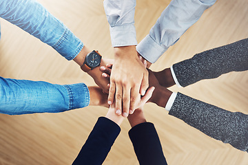 Image showing Above, mission or hands of business people in support for faith, teamwork or partnership in office. Vision, diversity or employees in group collaboration with hope or strategy for goals together