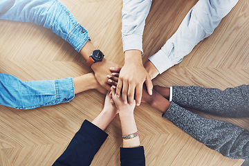 Image showing Vision, planning or hands of business people in support for faith, community or strategy in startup office. Teamwork, above or employees in group collaboration with hope or mission for goals together