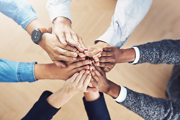 Image showing Team, high five or hands of business people winning with support for hope, motivation or planning in office. Zoom, winners or above of employees in collaboration with vision goals or mission together