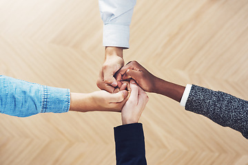 Image showing Teamwork, link or hands of business people in support for faith, community or strategy in startup office. Vision, above or employees in group collaboration with hope or mission for goals together