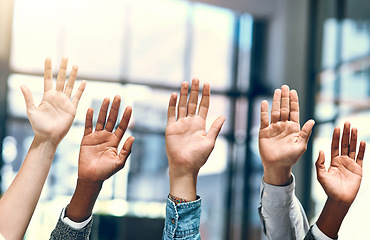 Image showing Business people, worker hands and question in a office meeting with diversity and at work. Collaboration, teamwork and solidarity of staff with arms and hand raised in a workplace with company team