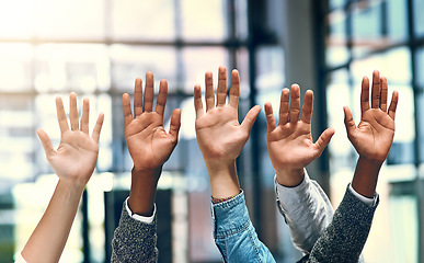 Image showing Business people, hands together and question in a office meeting with diversity and at work. Collaboration, teamwork and solidarity of staff with arms and hand raised in a workplace with company team