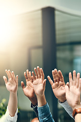 Image showing Business group, hands and question in a office meeting with diversity and at work. Collaboration, teamwork and solidarity of staff with arms and hand raised in a workplace with company mockup