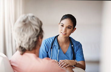 Image showing Support, healthcare and nurse with a senior patient explaining a diagnosis after consultation. Medical, empathy and female caretaker volunteer consoling an elderly lady in retirement at nursing home.