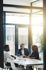 Image showing Strategy, teamwork and meeting with business people in boardroom for planning, brainstorming and solution. Corporate, collaboration and conference with employees in office for negotiation development