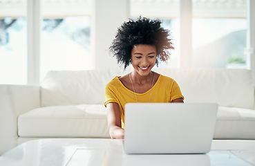 Image showing Laptop, smile and relax with black woman in living room for planning, website and remote worker. Blog, networking and social media with female freelancer at home for email, technology and internet
