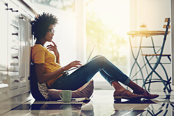 Image showing Relax, laptop and thinking with black woman on floor for freelancer, remote work and study. Technology, website and networking with female student at home for blog, email and social media