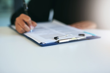 Image showing Administration, planning and person with paperwork for application, insurance and personal information. Business, company and woman writing on a report, document or survey with feedback or checklist